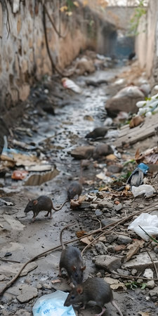 Dirty disgusting rats or mouses on area that was filled with sewage, smelly, damp, and garbage bags. Referring to the problem of rats in the city, disease outbreaks from animals, filth of city.の素材
