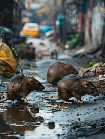 Dirty disgusting rats or mouses on area that was filled with sewage, smelly, damp, and garbage bags. Referring to the problem of rats in the city, disease outbreaks from animals, filth of city.の素材