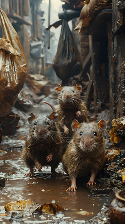 Dirty disgusting rats or mouses on area that was filled with sewage, smelly, damp, and garbage bags. Referring to the problem of rats in the city, disease outbreaks from animals, filth of city.の素材