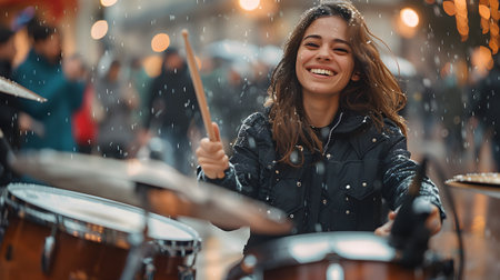 Young woman happily plays the drum set in the rain It convey that even though the activity go against her appearance, she is still able to have fun with it. Suitable for phrase "The show must go on."の素材