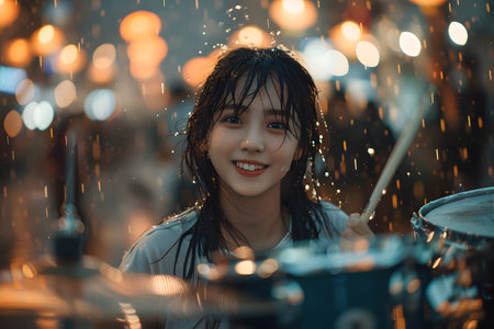 Young woman happily plays the drum set in the rain It convey that even though the activity go against her appearance, she is still able to have fun with it. Suitable for phrase "The show must go on."の素材