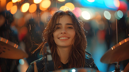 Young woman happily plays the drum set in the rain It convey that even though the activity go against her appearance, she is still able to have fun with it. Suitable for phrase "The show must go on."の素材