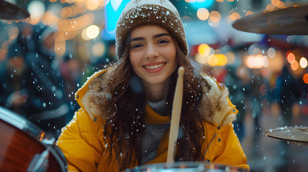 Young woman happily plays the drum set in the rain It convey that even though the activity go against her appearance, she is still able to have fun with it. Suitable for phrase "The show must go on."の素材