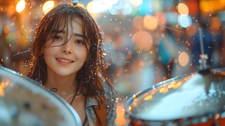 Young woman happily plays the drum set in the rain It convey that even though the activity go against her appearance, she is still able to have fun with it. Suitable for phrase "The show must go on."の素材