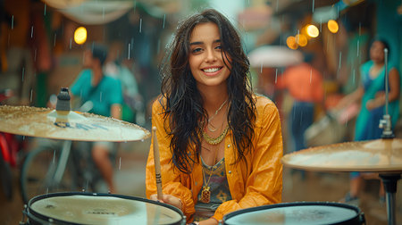 Young woman happily plays the drum set in the rain It convey that even though the activity go against her appearance, she is still able to have fun with it. Suitable for phrase "The show must go on."の素材