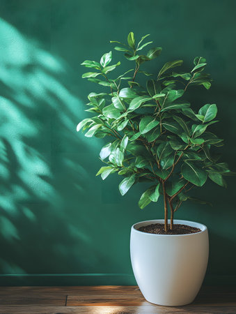 A green plant in white pot on a wooden floor in front of a green wall give a feeling of nature, calmness and balance. Suitable for use in interior design that want to emphasize a relaxing atmosphere.の素材
