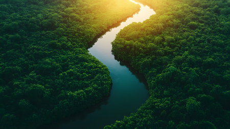 Aerial photography of a summer landscape with a quiet river surrounded by lush green trees, with clear sky reflecting on the water surface. Suitable for advertising for a eco-tourism campaign.の素材