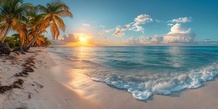 A clean white sandy beach stretches under a vast blue sky, with clear turquoise waters sparkling in the warm sunlight. Soft, foamy waves gently lap the shore perfect for eco-tourism posters or media.の素材