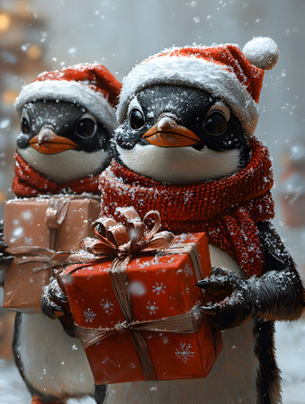 Friendly penguins wearing a Christmas hat and holding a gift box gives a warm, funny and joyful feeling. Perfect for use in greeting cards or marketing materials or as a Christmas background image.の素材