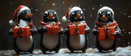 Friendly penguins wearing a Christmas hat and holding a gift box gives a warm, funny and joyful feeling. Perfect for use in greeting cards or marketing materials or as a Christmas background image.の素材