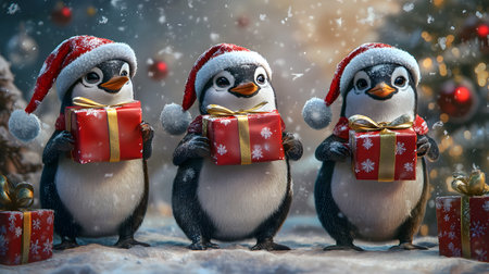 Friendly penguins wearing a Christmas hat and holding a gift box gives a warm, funny and joyful feeling. Perfect for use in greeting cards or marketing materials or as a Christmas background image.の素材