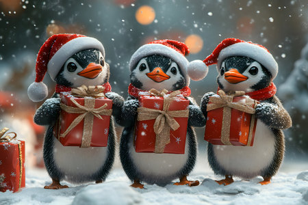 Friendly penguins wearing a Christmas hat and holding a gift box gives a warm, funny and joyful feeling. Perfect for use in greeting cards or marketing materials or as a Christmas background image.の素材