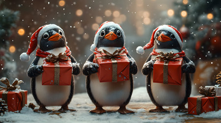 Friendly penguins wearing a Christmas hat and holding a gift box gives a warm, funny and joyful feeling. Perfect for use in greeting cards or marketing materials or as a Christmas background image.の素材