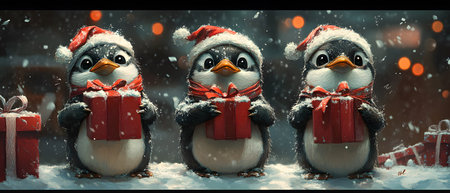 Friendly penguins wearing a Christmas hat and holding a gift box gives a warm, funny and joyful feeling. Perfect for use in greeting cards or marketing materials or as a Christmas background image.の素材