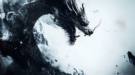 Illustration of Chinese brush painting of a dragon. Black ink lines drawn by master artist. It is a line that has weight, heaviness and lightness in art. Suitable for applying and decorating anywhere.の素材