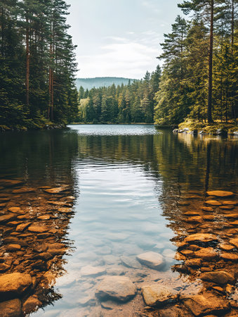 In the morning light a serene landscape unfolds, where the tranquil lake reflects the majestic mountains and their enchanting surroundings, creating a scene that feels both timeless and magicalの素材