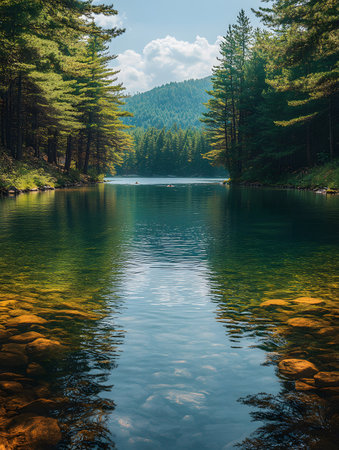 In the morning light a serene landscape unfolds, where the tranquil lake reflects the majestic mountains and their enchanting surroundings, creating a scene that feels both timeless and magicalの素材