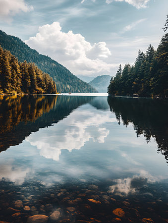 In the morning light a serene landscape unfolds, where the tranquil lake reflects the majestic mountains and their enchanting surroundings, creating a scene that feels both timeless and magicalの素材