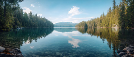 In the morning light a serene landscape unfolds, where the tranquil lake reflects the majestic mountains and their enchanting surroundings, creating a scene that feels both timeless and magicalの素材