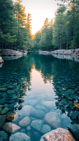 In the morning light a serene landscape unfolds, where the tranquil lake reflects the majestic mountains and their enchanting surroundings, creating a scene that feels both timeless and magicalの素材
