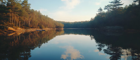 In the morning light a serene landscape unfolds, where the tranquil lake reflects the majestic mountains and their enchanting surroundings, creating a scene that feels both timeless and magicalの素材