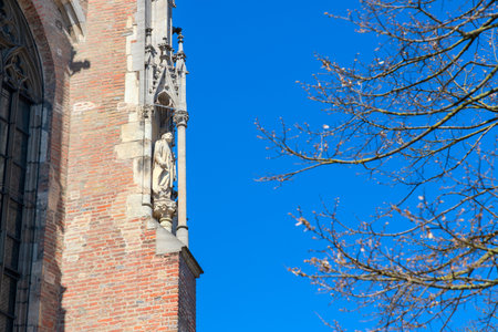 HDR image of Ulm Minster, the tallest church in the world, showcasing Gothic details under a clear blue sky on a sunny day. Perfect for travel, architecture, historical and inspiring design projects.の写真素材