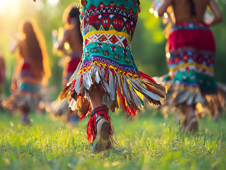 A Native American dance traditional costumes performing. Their clothing are vividly expressed as they move to the beat of drums, emphasizing the deep connection between culture and the environment.の素材