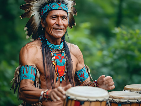 A Native American dance traditional costumes performing. Their clothing are vividly expressed as they move to the beat of drums, emphasizing the deep connection between culture and the environment.の素材