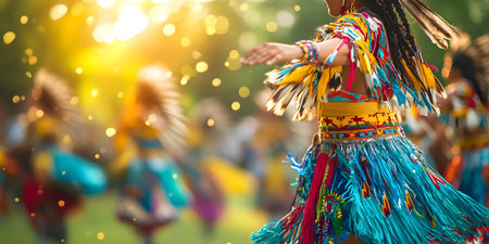 A Native American dance traditional costumes performing. Their clothing are vividly expressed as they move to the beat of drums, emphasizing the deep connection between culture and the environment.の素材