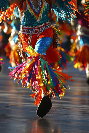 A Native American dance traditional costumes performing. Their clothing are vividly expressed as they move to the beat of drums, emphasizing the deep connection between culture and the environment.の素材