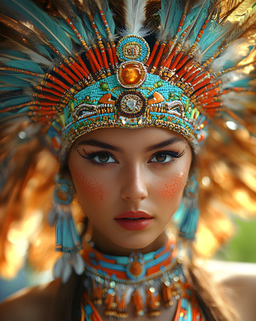 A Native American dance traditional costumes performing. Their clothing are vividly expressed as they move to the beat of drums, emphasizing the deep connection between culture and the environment.の素材