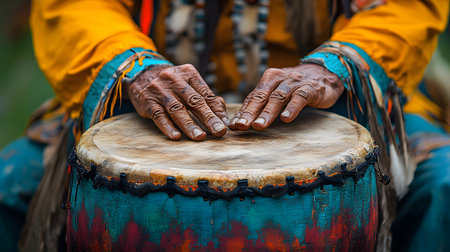 A Native American dance traditional costumes performing. Their clothing are vividly expressed as they move to the beat of drums, emphasizing the deep connection between culture and the environment.の素材