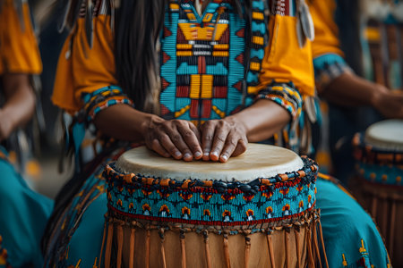 A Native American dance traditional costumes performing. Their clothing are vividly expressed as they move to the beat of drums, emphasizing the deep connection between culture and the environment.の素材