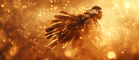 A Native American dance traditional costumes performing. Their clothing are vividly expressed as they move to the beat of drums, emphasizing the deep connection between culture and the environment.の素材