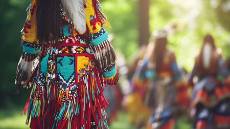 A Native American dance traditional costumes performing. Their clothing are vividly expressed as they move to the beat of drums, emphasizing the deep connection between culture and the environment.の素材
