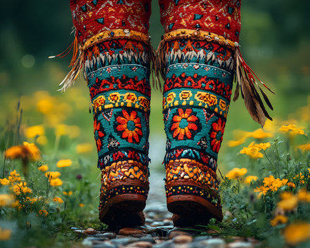A Native American dance traditional costumes performing. Their clothing are vividly expressed as they move to the beat of drums, emphasizing the deep connection between culture and the environment.の素材
