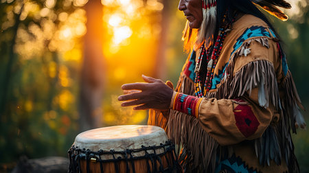 A Native American dance traditional costumes performing. Their clothing are vividly expressed as they move to the beat of drums, emphasizing the deep connection between culture and the environment.の素材