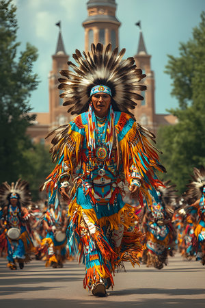 A Native American dance traditional costumes performing. Their clothing are vividly expressed as they move to the beat of drums, emphasizing the deep connection between culture and the environment.の素材