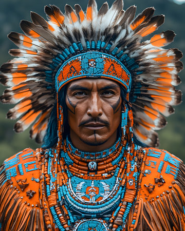 A Native American dance traditional costumes performing. Their clothing are vividly expressed as they move to the beat of drums, emphasizing the deep connection between culture and the environment.の素材