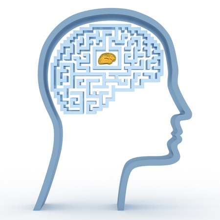 3D concept human head with maze and brainの写真素材