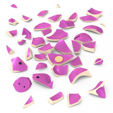 3D concept broken piggybank with one small coinの写真素材