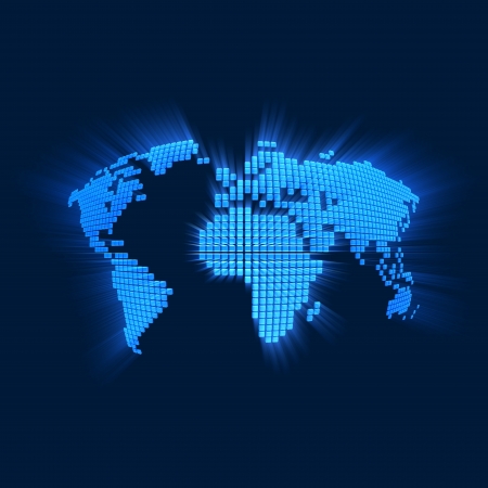 3D concept stylized world map with blue raysの写真素材