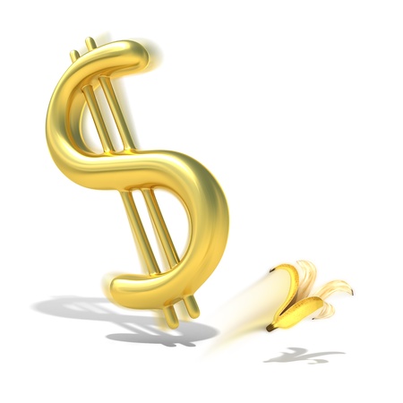 3D concept the dollar sign slipped on a banana peelの写真素材
