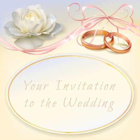 invitation card for wedding with flower, ribbon and wedding ringsのイラスト素材