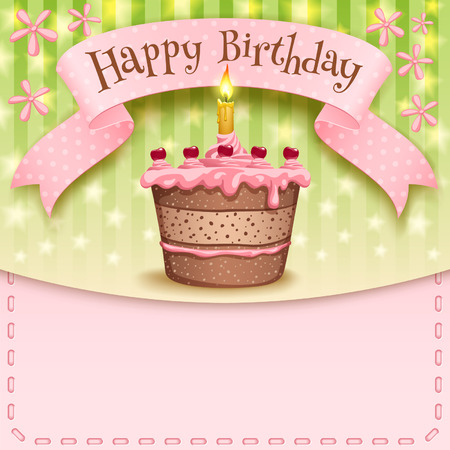 Greeting card with a banner and a birthday cake and candlesのイラスト素材