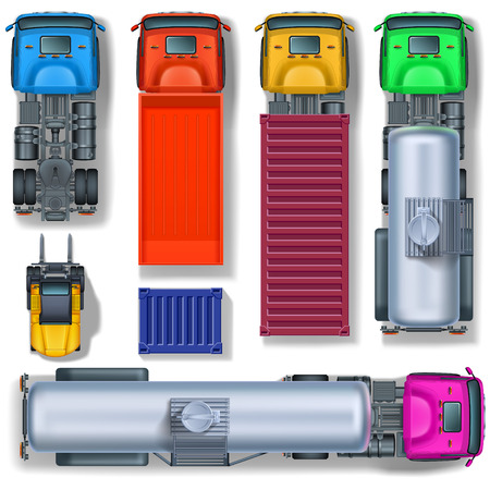 Trucks collection and wheeled forklift with container, top view.のイラスト素材