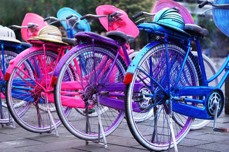 rear wheels of colorful bicycleの写真素材
