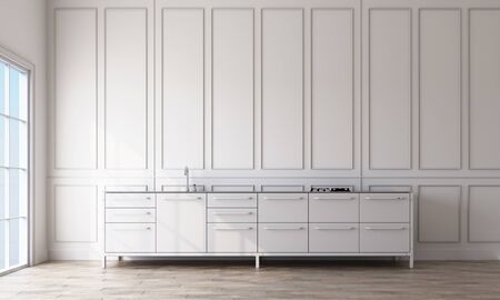 pantry room interior with white rectangular pattern walls and a light wooden floor. Concept of a new and comfortable lodging. 3d renderingの写真素材