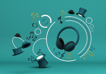 Green headphones with note music and black hats on green background 3d rendering