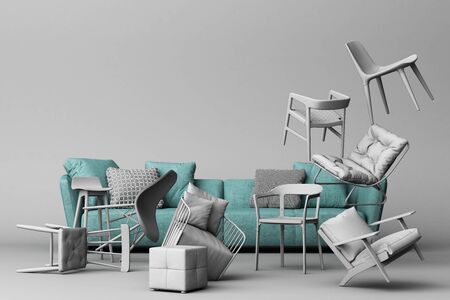 Green sofa surrounding by grey chairs in empty grey background. Concept of minimalism and...